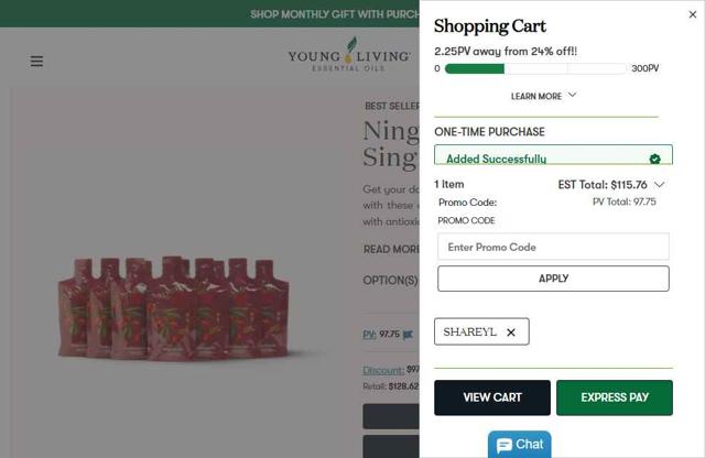 Young Living checkout page showing Young Living promo code box | Screenshot taken by SimplyCodes community member on Jul 11, 2025