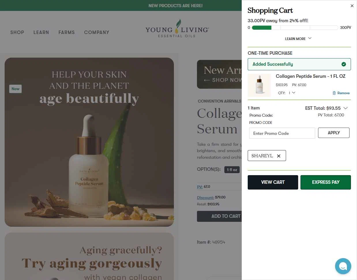 Young Living checkout page showing Young Living promo code box | Screenshot taken by SimplyCodes community member on Dec 31, 2025