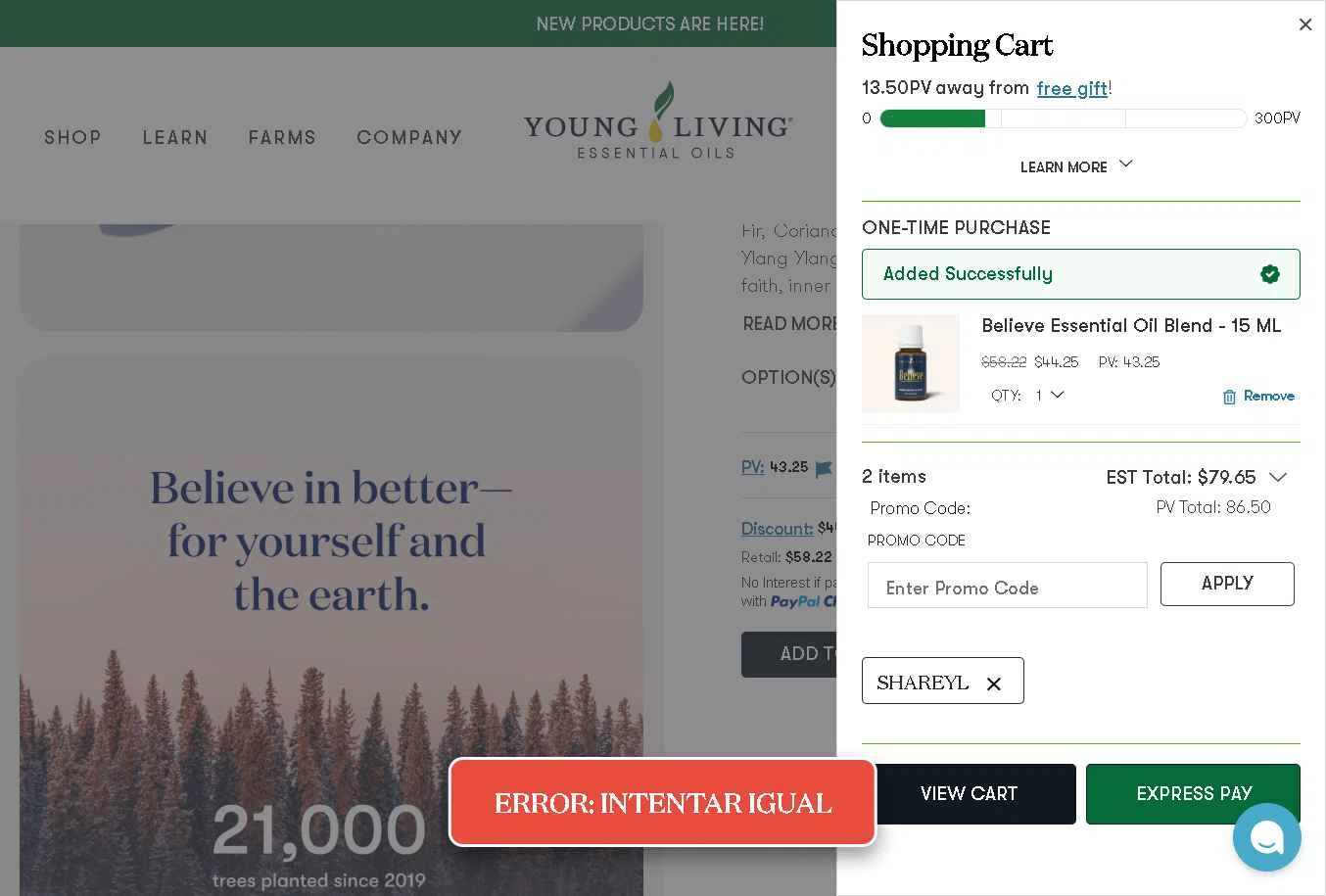 Young Living checkout page showing Young Living promo code box | Screenshot taken by SimplyCodes community member on Jan 13, 2026