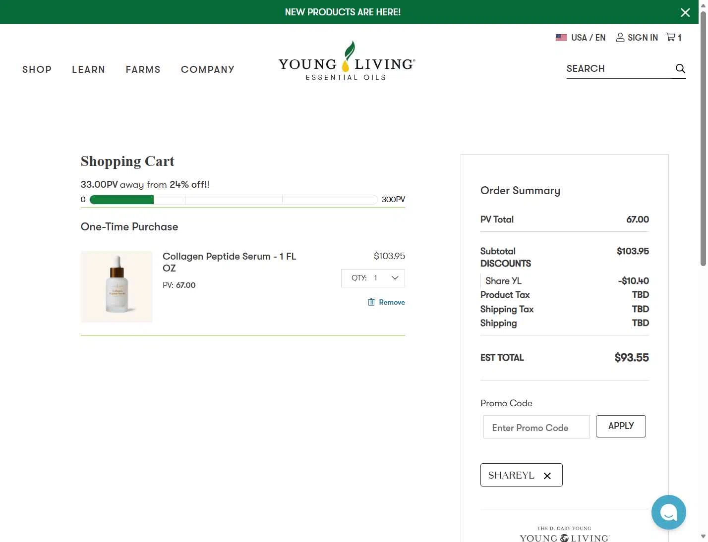 Young Living checkout page showing Young Living promo code box | Screenshot taken by SimplyCodes community member on Jan 9, 2026