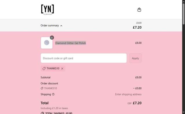 Young Nails checkout page showing Young Nails discount code box | Screenshot taken by SimplyCodes community member on Aug 10, 2025