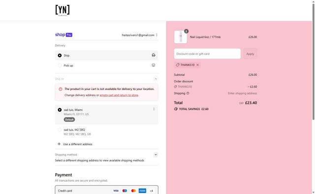 Young Nails checkout page showing Young Nails discount code box | Screenshot taken by SimplyCodes community member on Aug 4, 2025