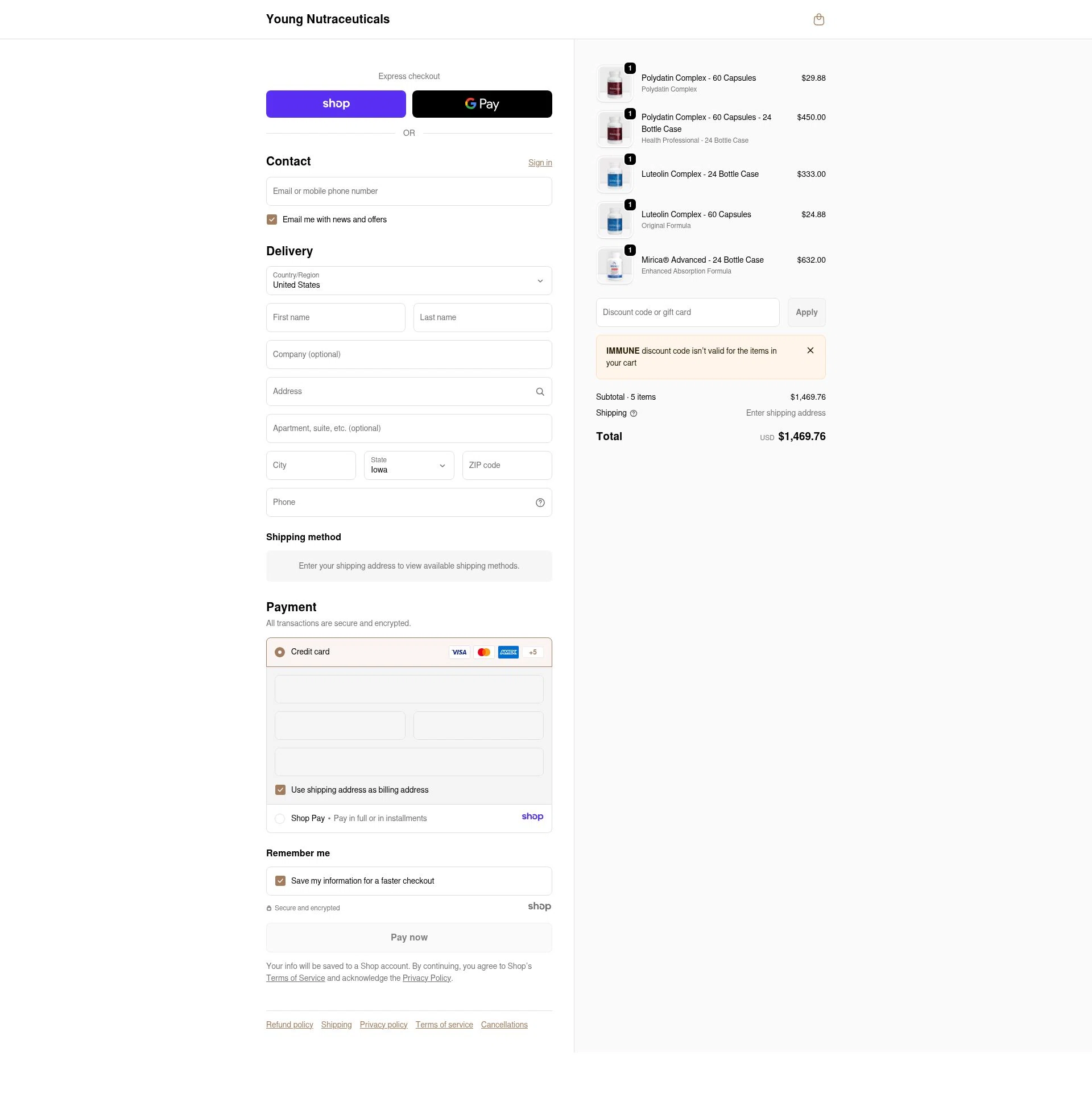 Young Nutraceuticals checkout page showing Young Nutraceuticals promo code box | Screenshot taken by SimplyCodes community member on Jan 8, 2026
