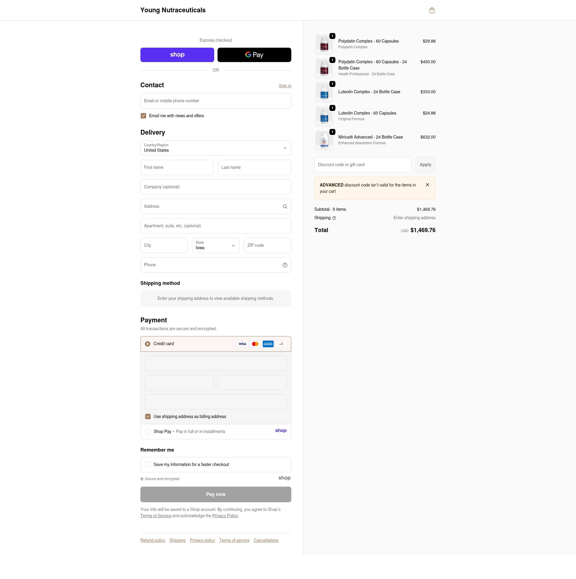 Young Nutraceuticals checkout page showing Young Nutraceuticals promo code box | Screenshot taken by SimplyCodes community member on Jan 8, 2026