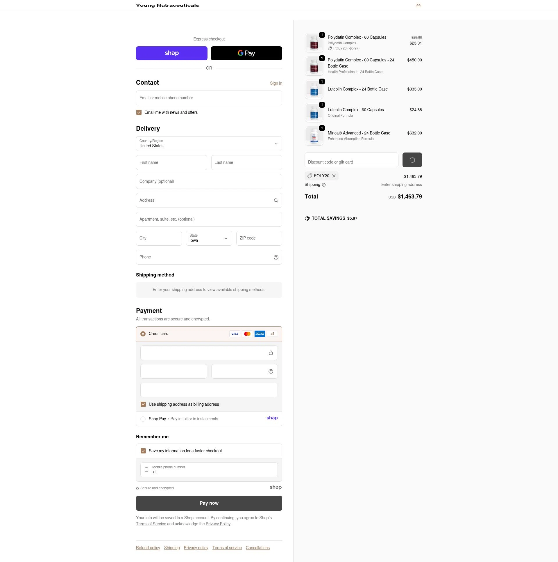 Young Nutraceuticals checkout page showing Young Nutraceuticals promo code box | Screenshot taken by SimplyCodes community member on Jan 8, 2026