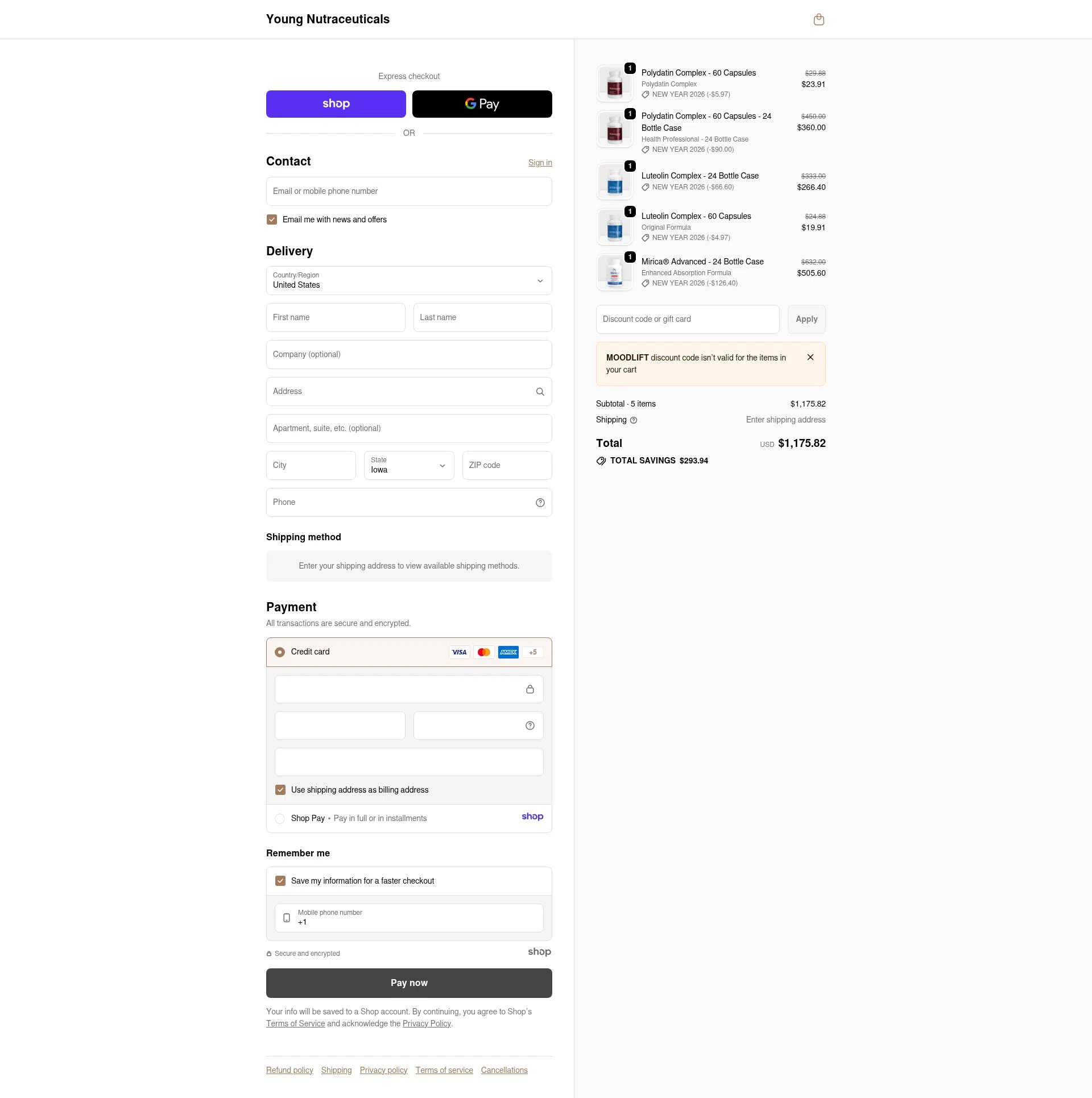 Young Nutraceuticals checkout page showing Young Nutraceuticals promo code box | Screenshot taken by SimplyCodes community member on Jan 3, 2026
