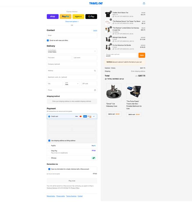 Your Cat Backpack checkout page showing Your Cat Backpack discount code box | Screenshot taken by SimplyCodes community member on Sep 3, 2025