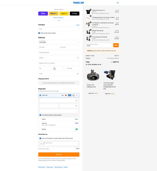 Your Cat Backpack checkout page showing Your Cat Backpack discount code box | Screenshot taken by SimplyCodes community member on Sep 7, 2025