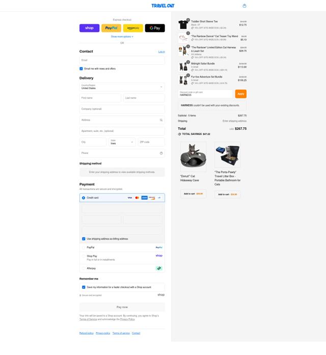 Your Cat Backpack checkout page showing Your Cat Backpack discount code box | Screenshot taken by SimplyCodes community member on Sep 3, 2025