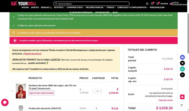 YOURDOLL checkout page showing YOURDOLL coupon code box | Screenshot taken by SimplyCodes community member on Aug 12, 2025