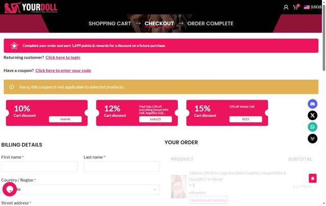 YOURDOLL checkout page showing YOURDOLL coupon code box | Screenshot taken by SimplyCodes community member on Jun 21, 2025