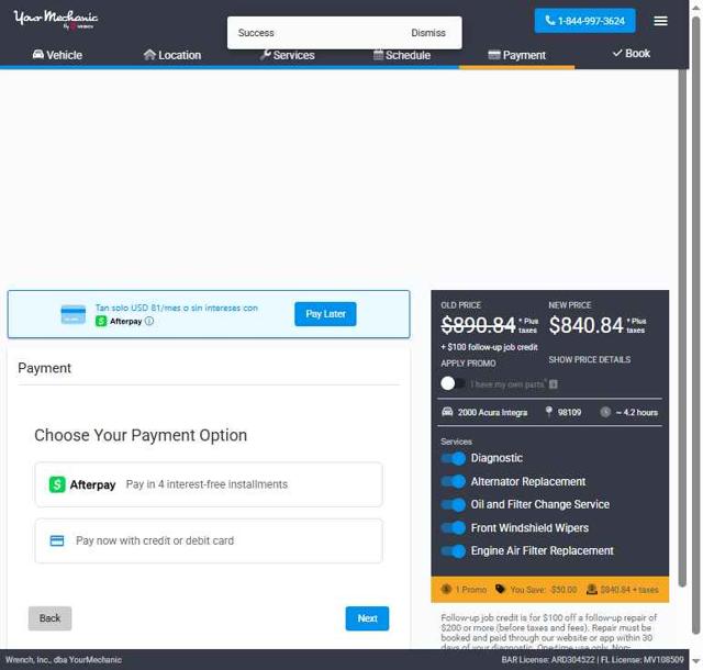 YourMechanic.com checkout page showing YourMechanic.com coupon code box | Screenshot taken by SimplyCodes community member on Aug 26, 2025