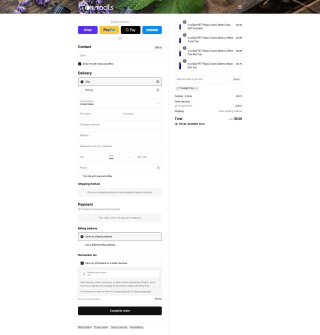 Your Oil Tools checkout page showing Your Oil Tools promo code box | Screenshot taken by SimplyCodes community member on Sep 12, 2025