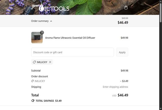 Your Oil Tools checkout page showing Your Oil Tools promo code box | Screenshot taken by SimplyCodes community member on Sep 12, 2025