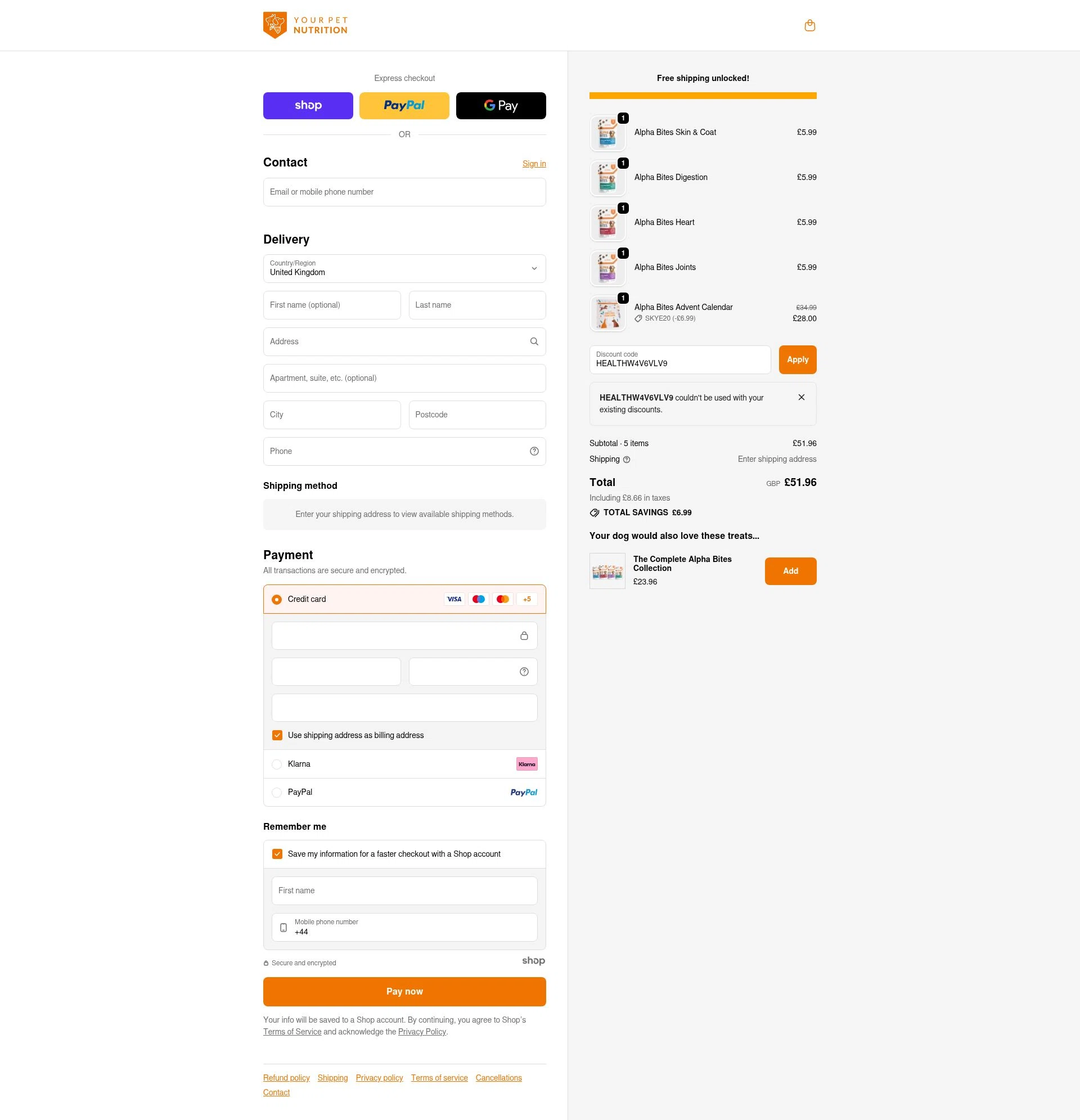Your Pet Nutrition checkout page showing Your Pet Nutrition discount code box | Screenshot taken by SimplyCodes community member on Nov 23, 2025