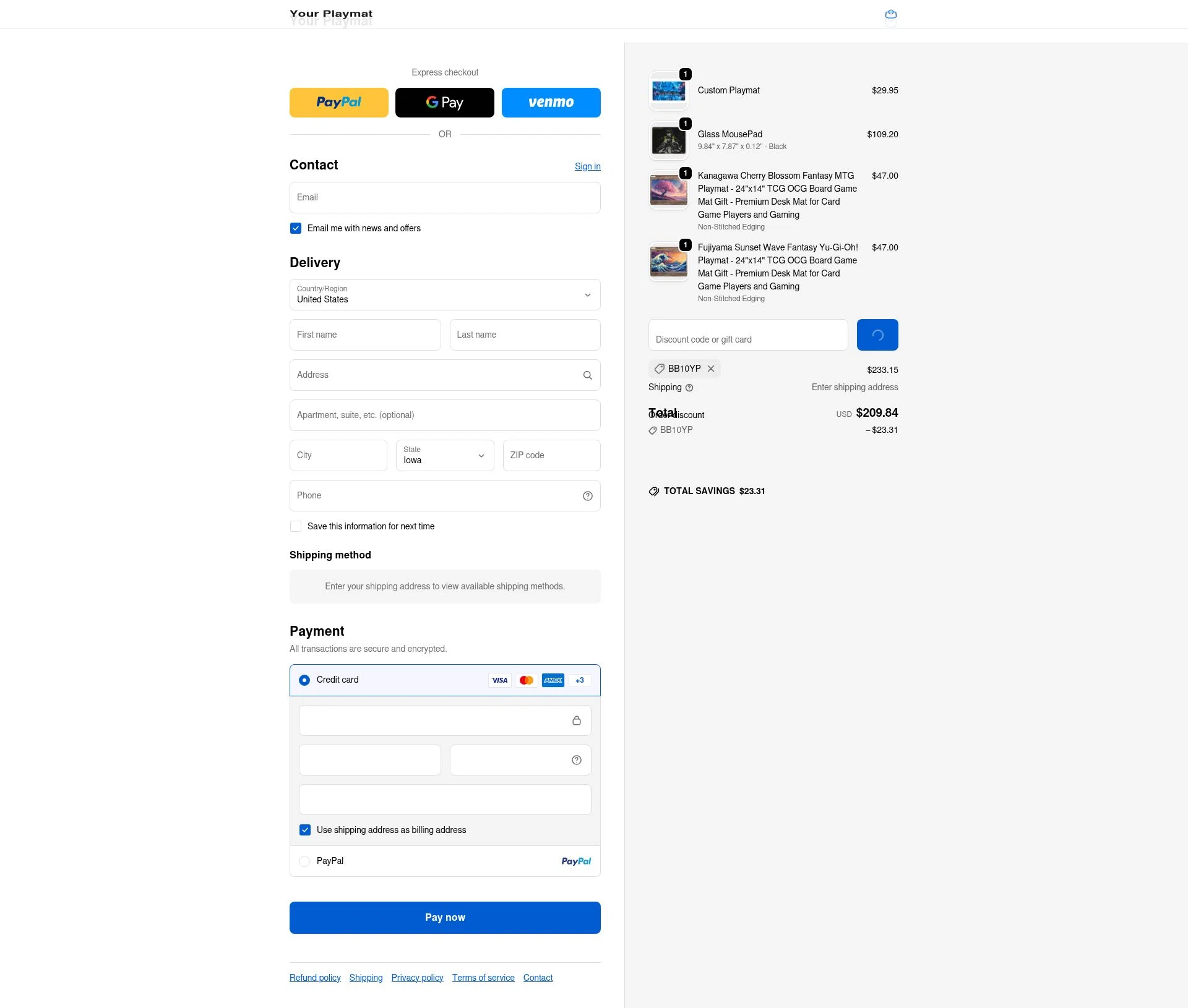 YourPlaymat checkout page showing YourPlaymat discount code box | Screenshot taken by SimplyCodes community member on Feb 8, 2026