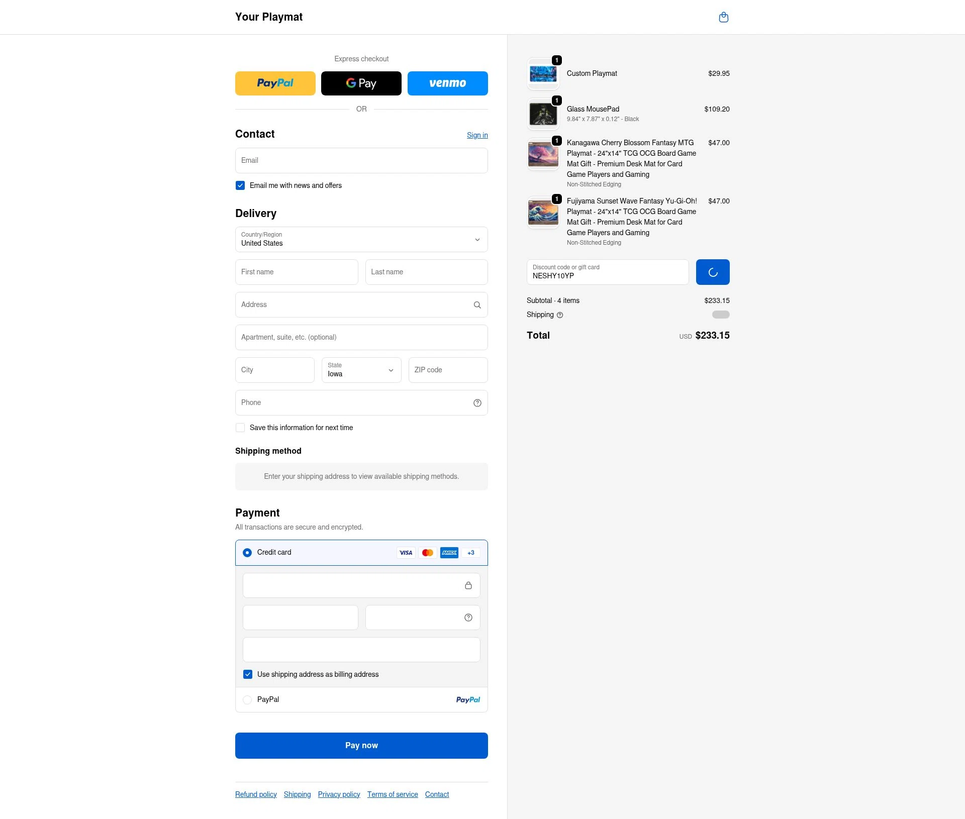 YourPlaymat checkout page showing YourPlaymat discount code box | Screenshot taken by SimplyCodes community member on Feb 8, 2026