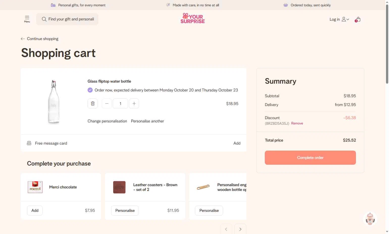YourSurprise checkout page showing YourSurprise discount code box | Screenshot taken by SimplyCodes community member on Oct 7, 2025