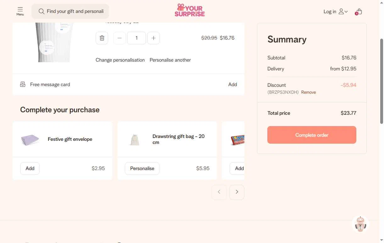 YourSurprise checkout page showing YourSurprise discount code box | Screenshot taken by SimplyCodes community member on Jul 11, 2025