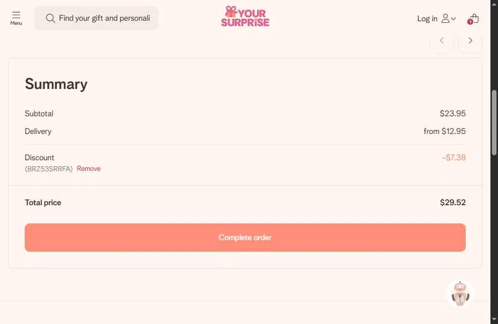 YourSurprise checkout page showing YourSurprise discount code box | Screenshot taken by SimplyCodes community member on Sep 8, 2025