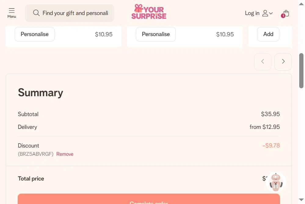 YourSurprise checkout page showing YourSurprise discount code box | Screenshot taken by SimplyCodes community member on Aug 11, 2025