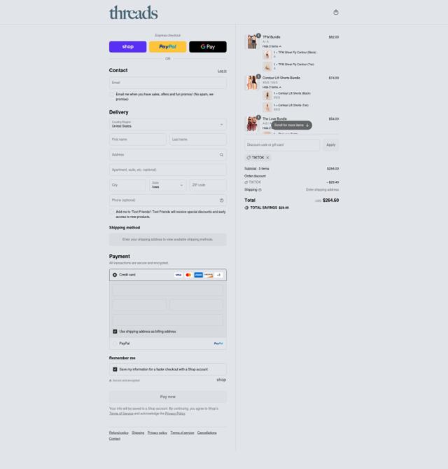 Threads checkout page showing Threads discount code box | Screenshot taken by SimplyCodes community member on Sep 7, 2025