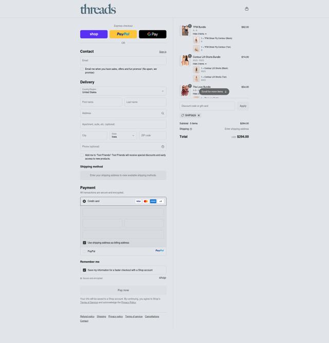 Threads checkout page showing Threads discount code box | Screenshot taken by SimplyCodes community member on Sep 11, 2025