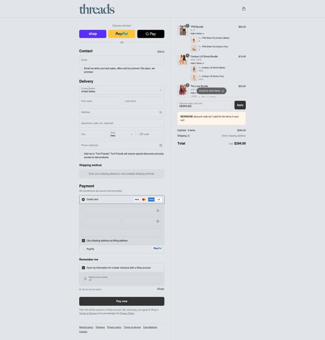 Threads checkout page showing Threads discount code box | Screenshot taken by SimplyCodes community member on Sep 11, 2025