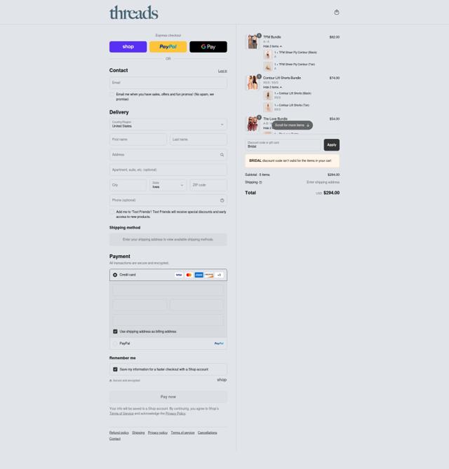 Threads checkout page showing Threads discount code box | Screenshot taken by SimplyCodes community member on Sep 7, 2025