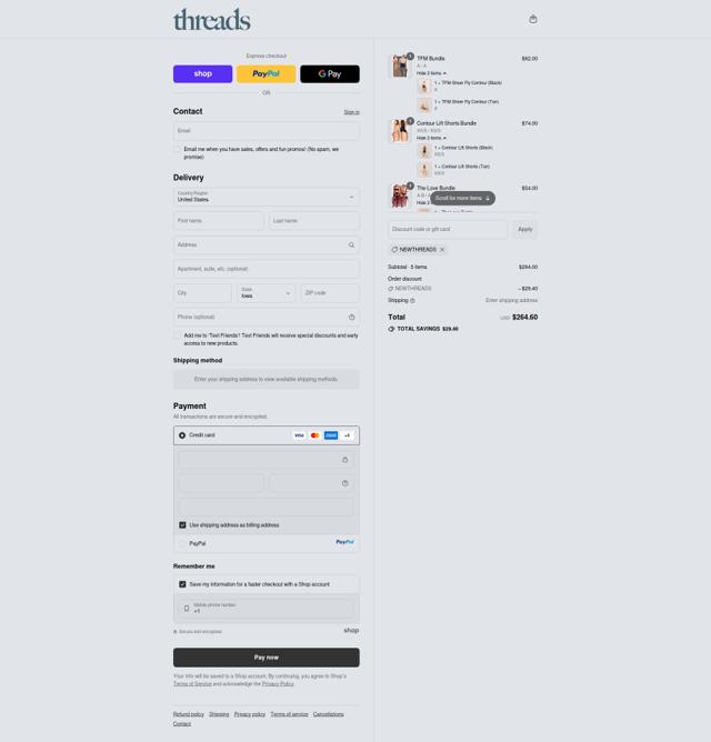 Threads checkout page showing Threads discount code box | Screenshot taken by SimplyCodes community member on Sep 11, 2025