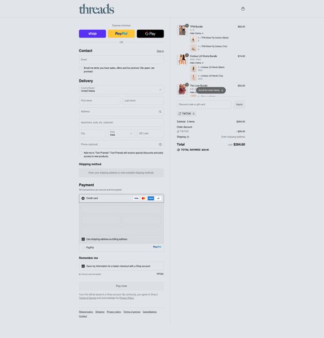 Threads checkout page showing Threads discount code box | Screenshot taken by SimplyCodes community member on Sep 11, 2025