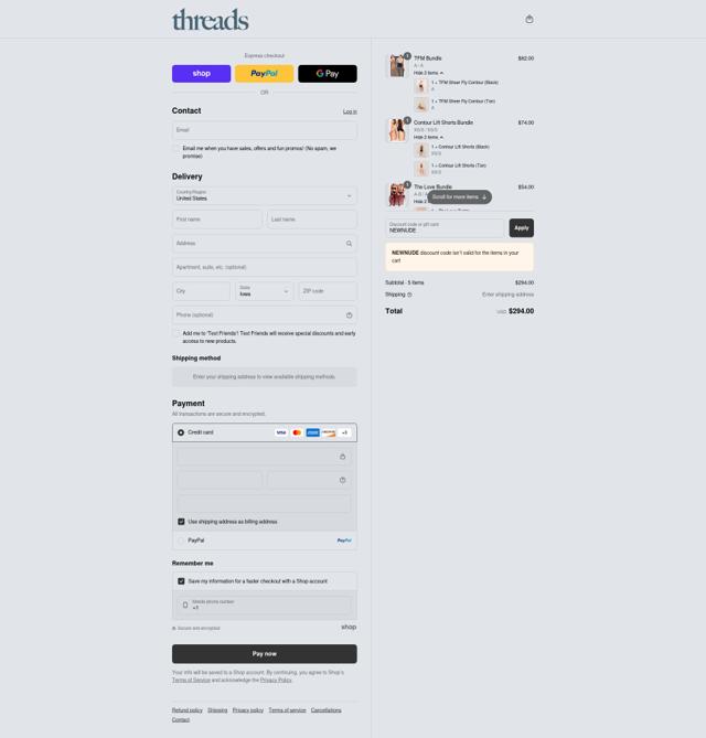 Threads checkout page showing Threads discount code box | Screenshot taken by SimplyCodes community member on Sep 7, 2025