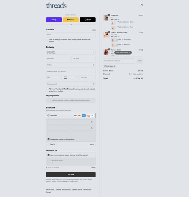 Threads checkout page showing Threads discount code box | Screenshot taken by SimplyCodes community member on Sep 7, 2025