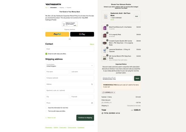 Youth & Earth checkout page showing Youth & Earth promo code box | Screenshot taken by SimplyCodes community member on Sep 10, 2025