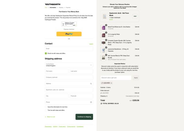 Youth & Earth checkout page showing Youth & Earth promo code box | Screenshot taken by SimplyCodes community member on Sep 6, 2025