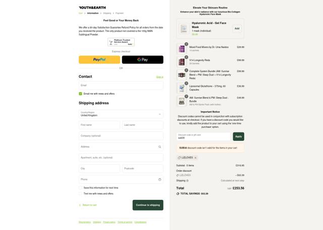 Youth & Earth checkout page showing Youth & Earth promo code box | Screenshot taken by SimplyCodes community member on Sep 10, 2025