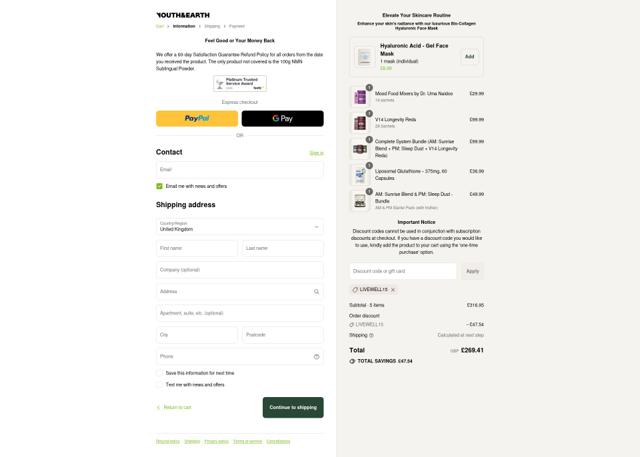 Youth & Earth checkout page showing Youth & Earth promo code box | Screenshot taken by SimplyCodes community member on Sep 10, 2025
