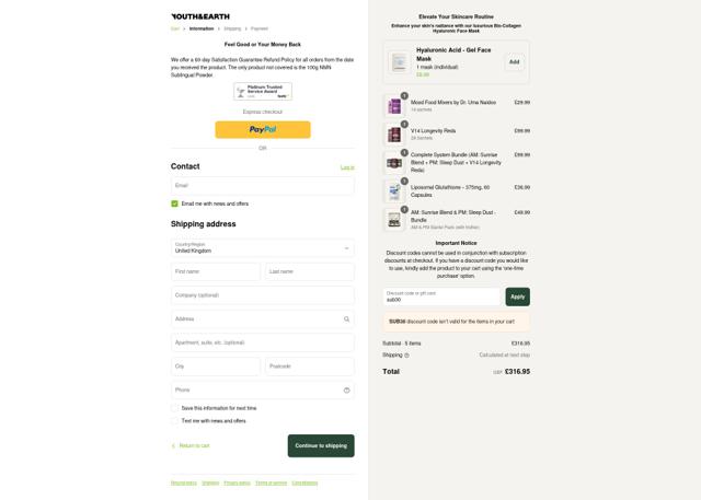 Youth & Earth checkout page showing Youth & Earth promo code box | Screenshot taken by SimplyCodes community member on Sep 6, 2025