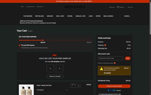 Youth To The People checkout page showing Youth To The People promo code box | Screenshot taken by SimplyCodes community member on May 26, 2025