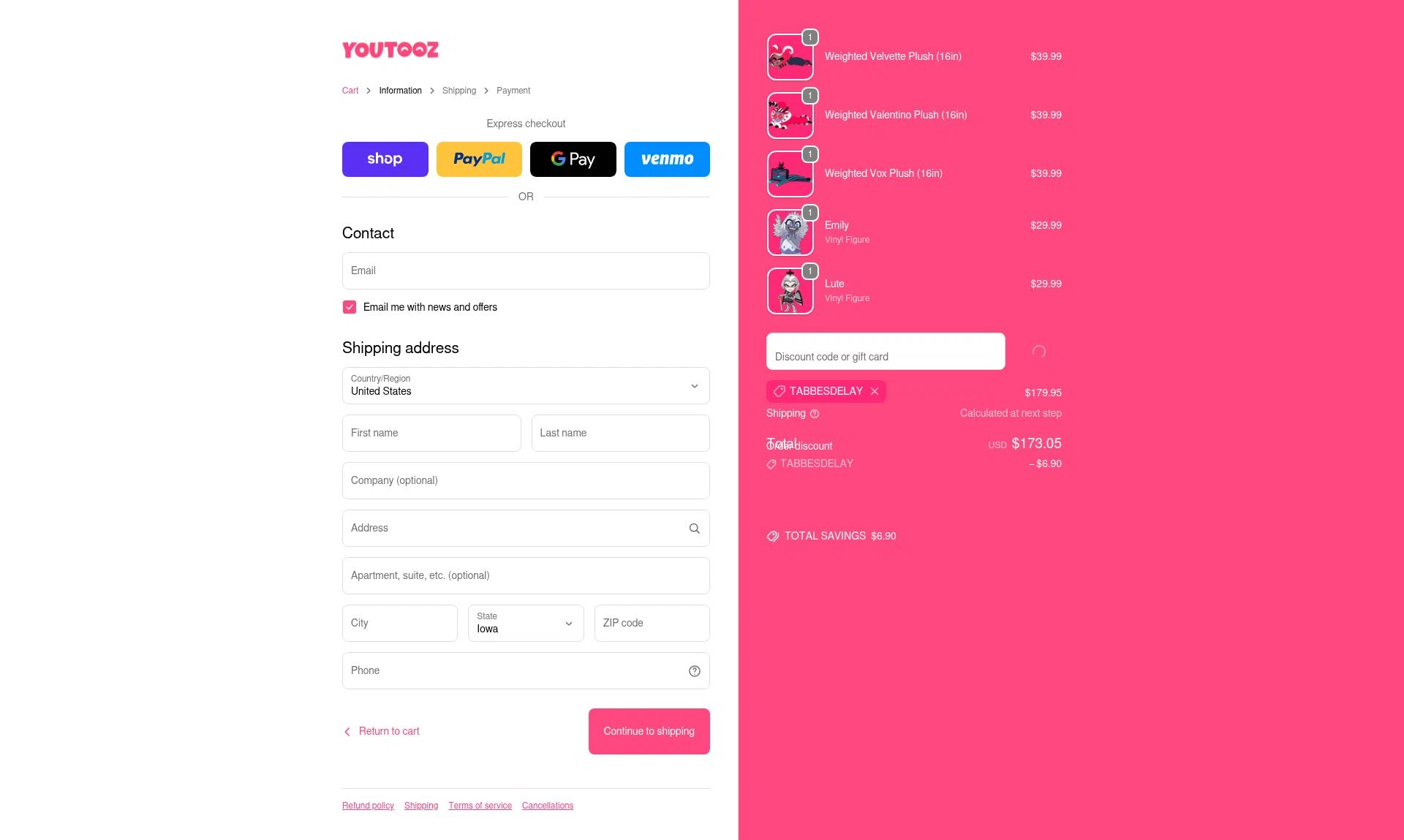 Youtooz Collectibles checkout page showing Youtooz Collectibles promo code box | Screenshot taken by SimplyCodes community member on Feb 7, 2026