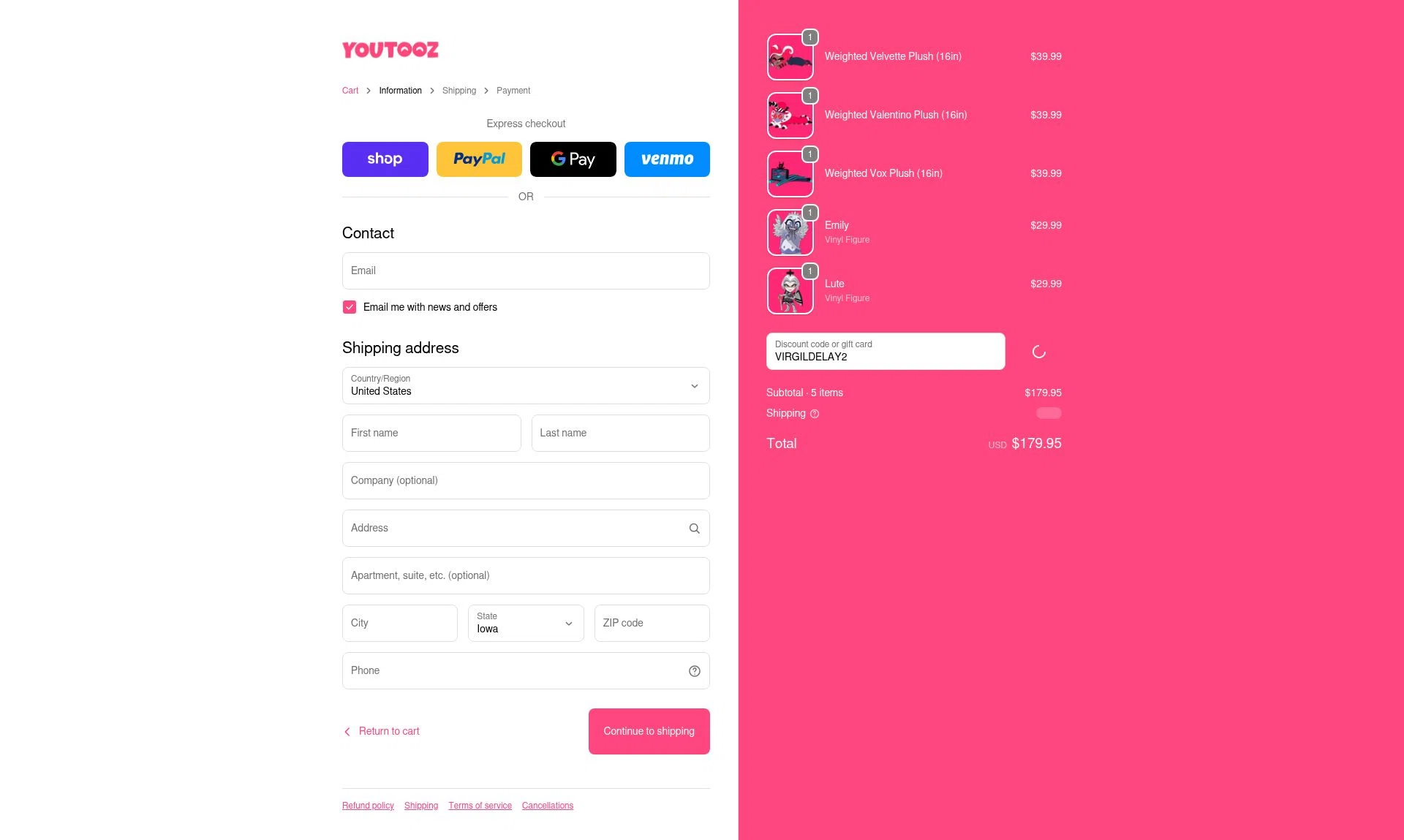 Youtooz Collectibles checkout page showing Youtooz Collectibles promo code box | Screenshot taken by SimplyCodes community member on Feb 7, 2026