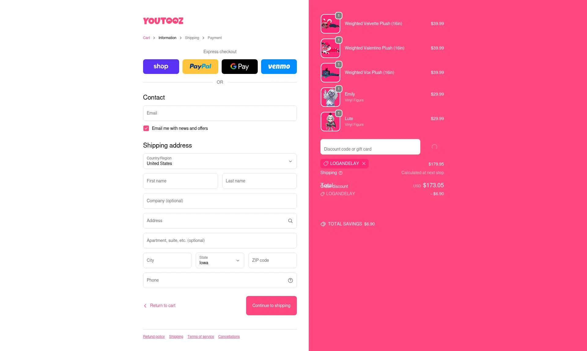 Youtooz Collectibles checkout page showing Youtooz Collectibles promo code box | Screenshot taken by SimplyCodes community member on Feb 7, 2026
