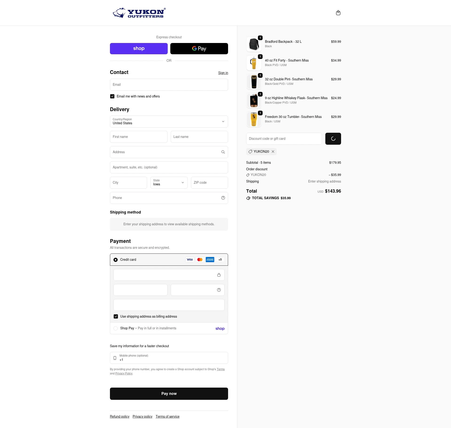 Yukon Outfitters checkout page showing Yukon Outfitters promo code box | Screenshot taken by SimplyCodes community member on Feb 10, 2026