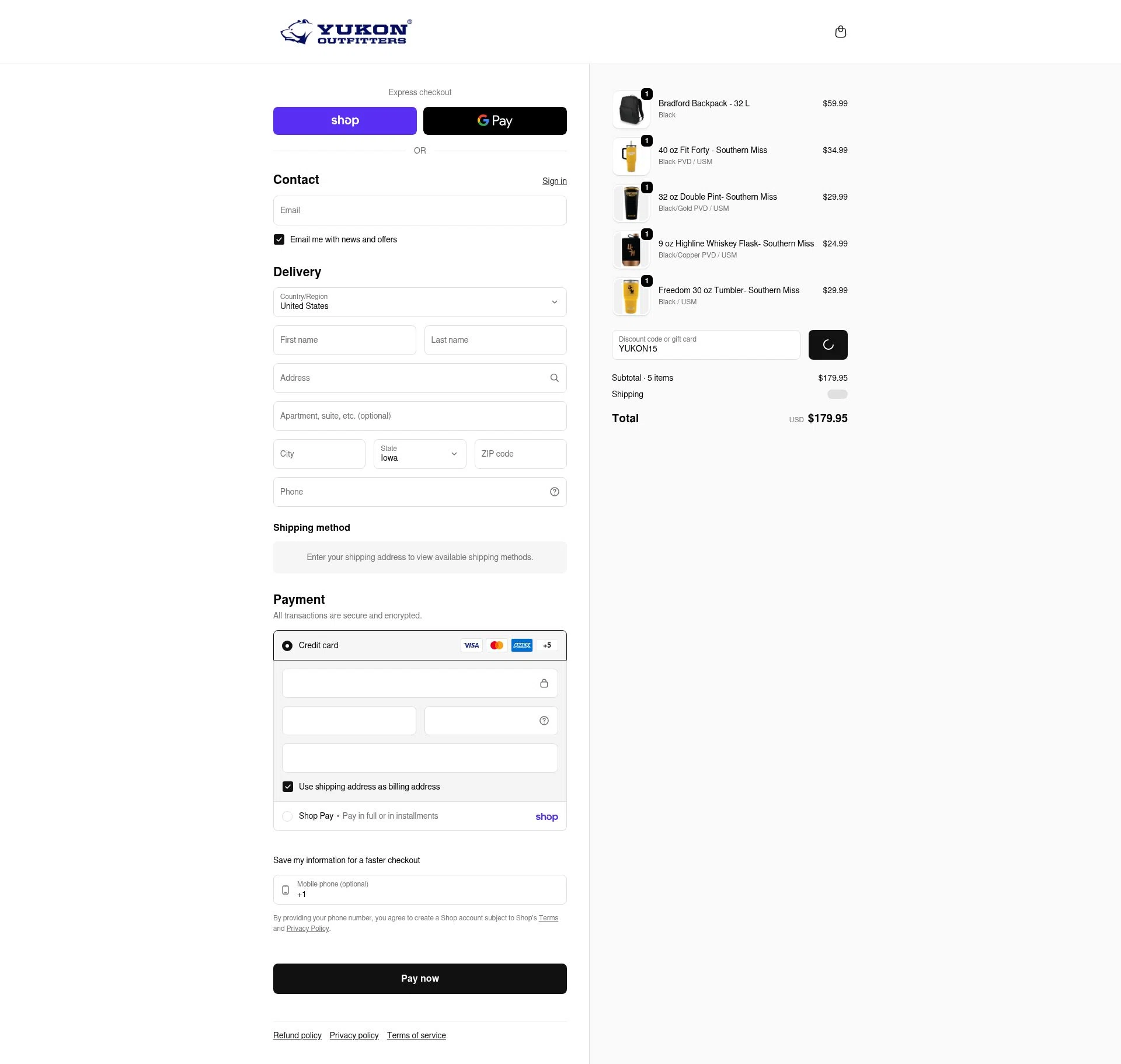 Yukon Outfitters checkout page showing Yukon Outfitters promo code box | Screenshot taken by SimplyCodes community member on Feb 18, 2026