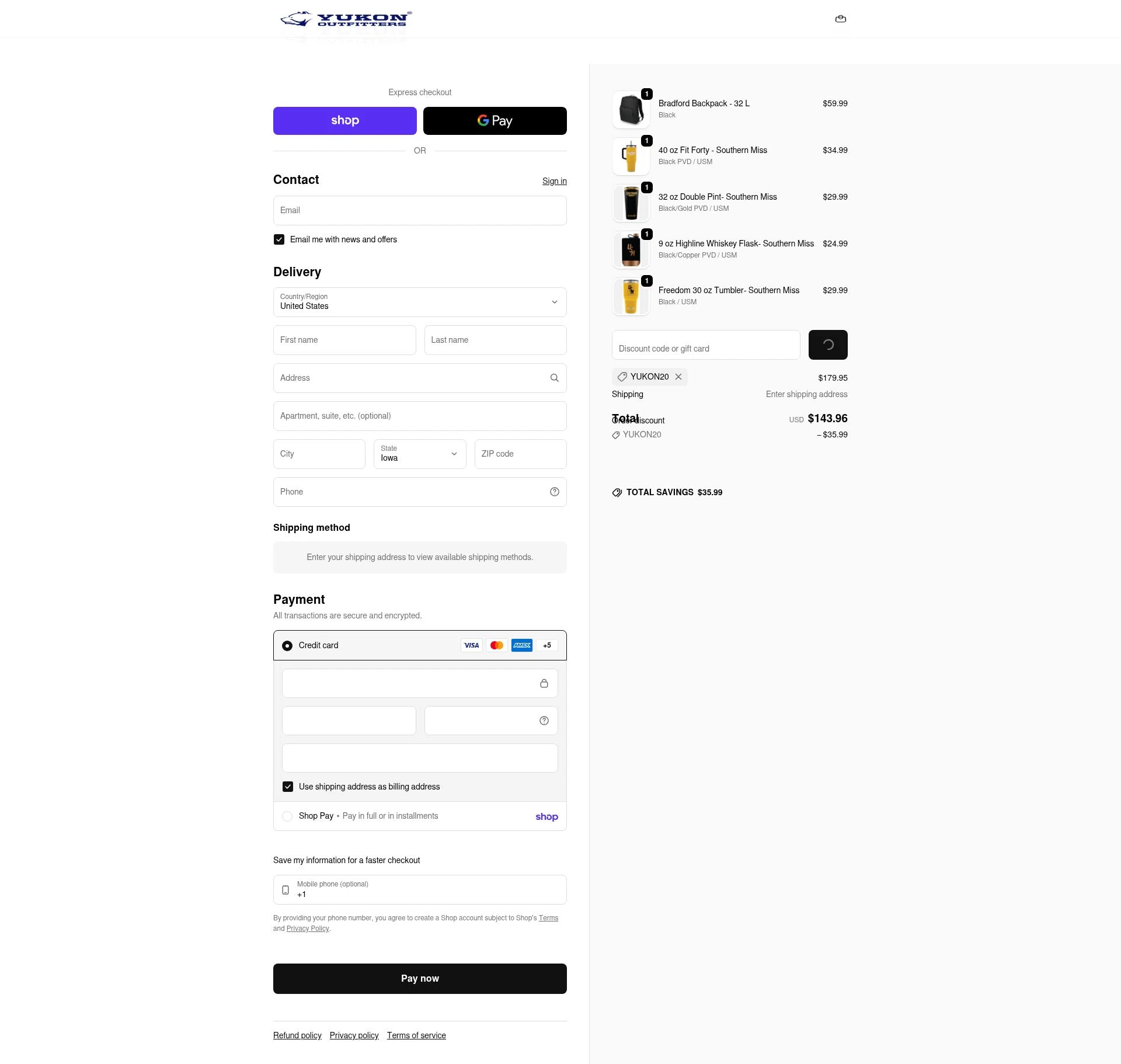 Yukon Outfitters checkout page showing Yukon Outfitters promo code box | Screenshot taken by SimplyCodes community member on Feb 18, 2026