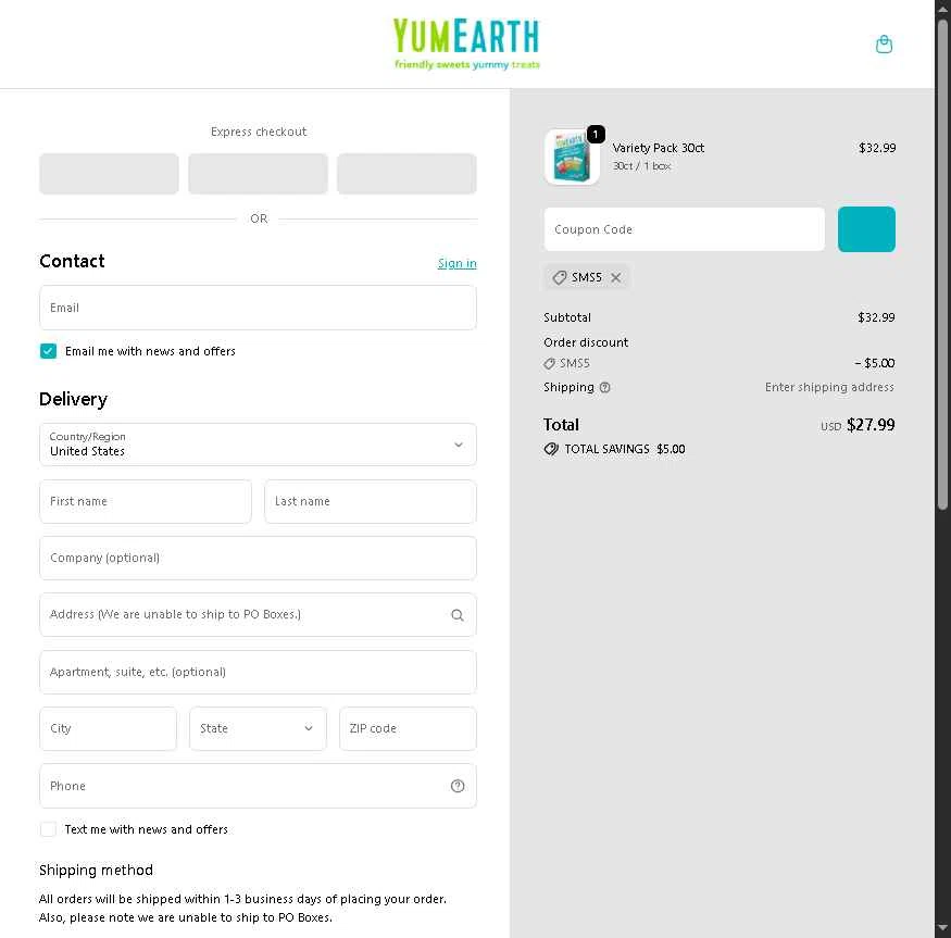YumEarth checkout page showing YumEarth coupon code box | Screenshot taken by SimplyCodes community member on Feb 5, 2026
