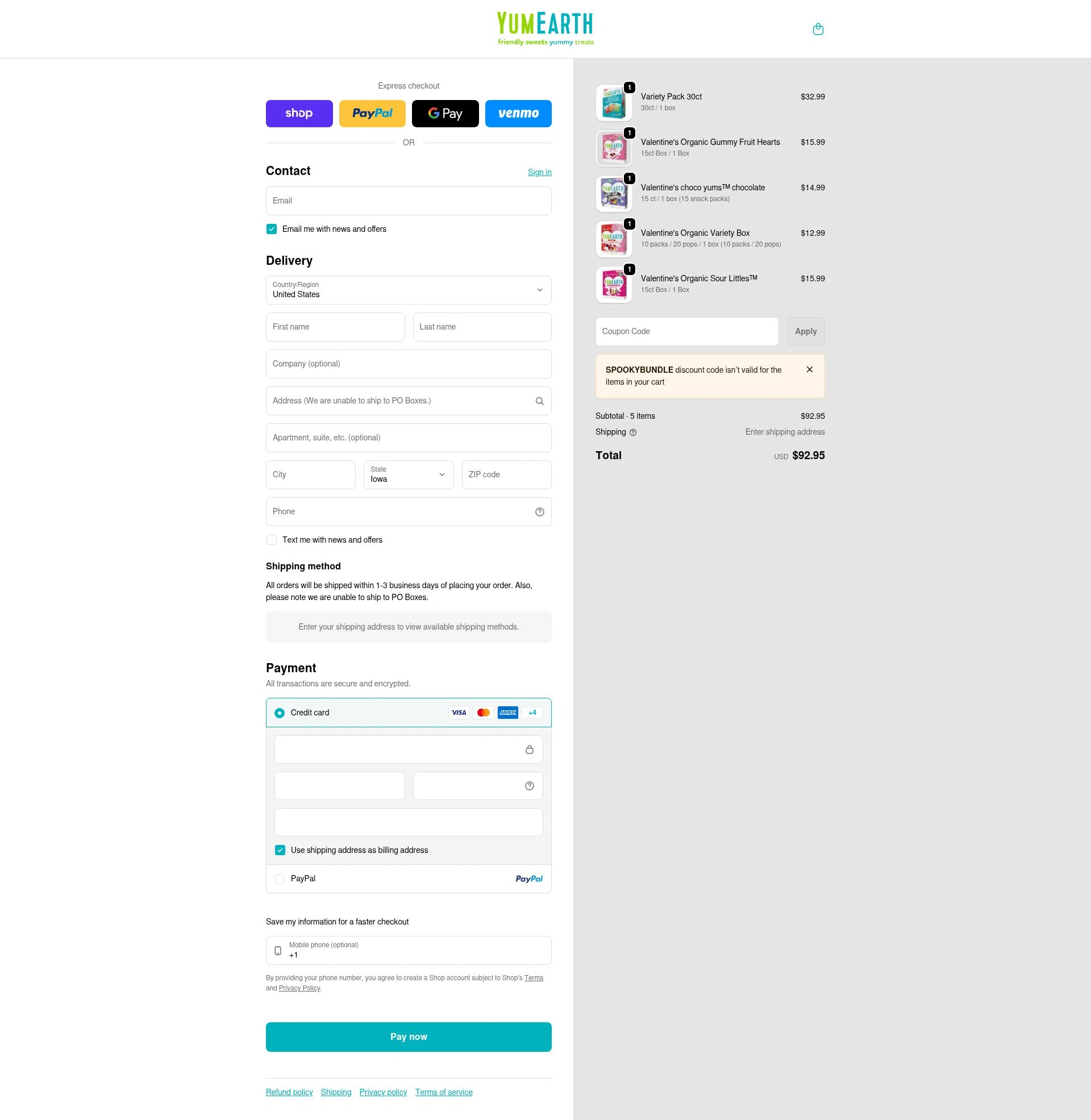 YumEarth checkout page showing YumEarth coupon code box | Screenshot taken by SimplyCodes community member on Feb 5, 2026
