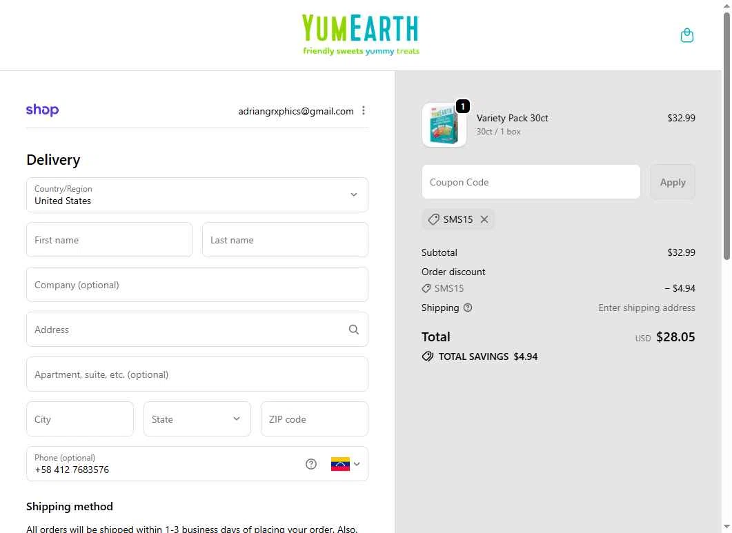YumEarth checkout page showing YumEarth coupon code box | Screenshot taken by SimplyCodes community member on Feb 1, 2026