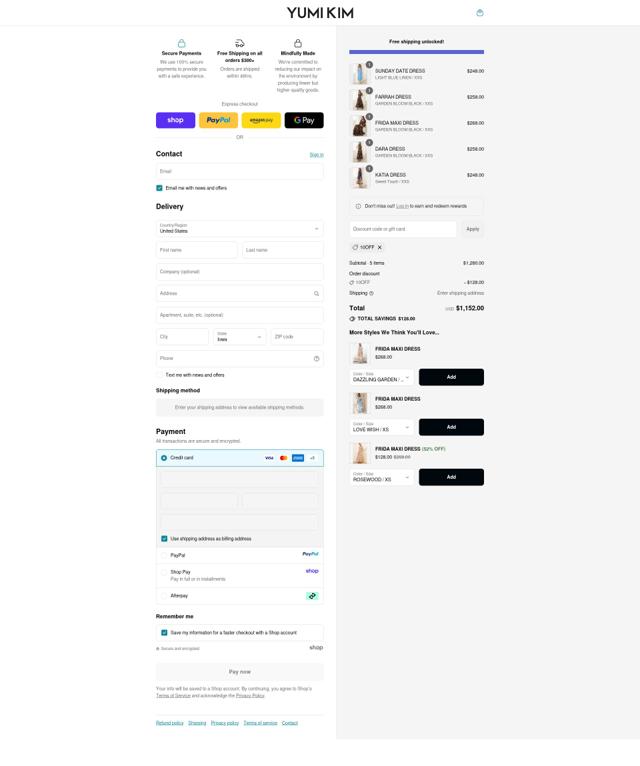 Yumi Kim checkout page showing Yumi Kim promo code box | Screenshot taken by SimplyCodes community member on Sep 11, 2025