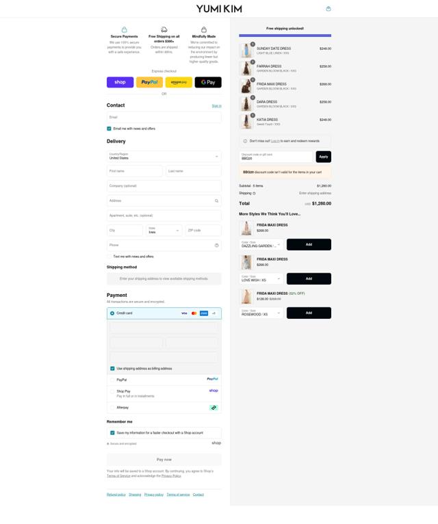 Yumi Kim checkout page showing Yumi Kim promo code box | Screenshot taken by SimplyCodes community member on Sep 11, 2025